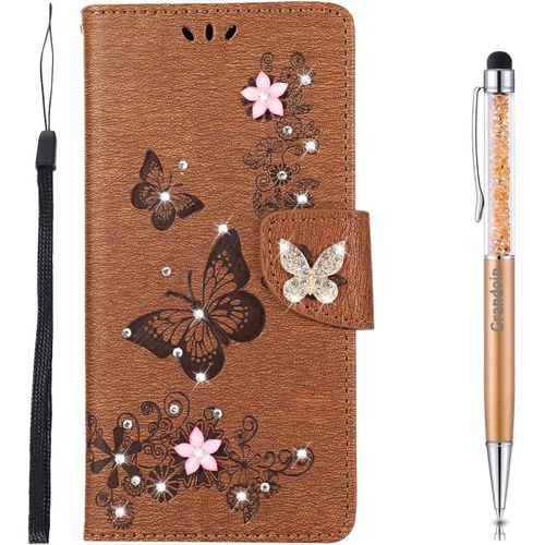 Coque Pour Samsung Galaxy A41, Brillant Cristal Diamant Flip Cover Papillon ¿¿Tui De Protection Housse En Pu Cuir [Fente De Carte] [Fermeture Magn¿¿Tique] (Marron)