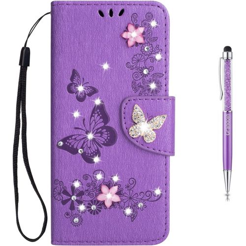 Coque Pour Samsung Galaxy S9 Plus, Brillant Cristal Diamant Flip Cover Papillon ¿¿Tui De Protection Housse En Pu Cuir [Magn¿¿Tique] (Violet)