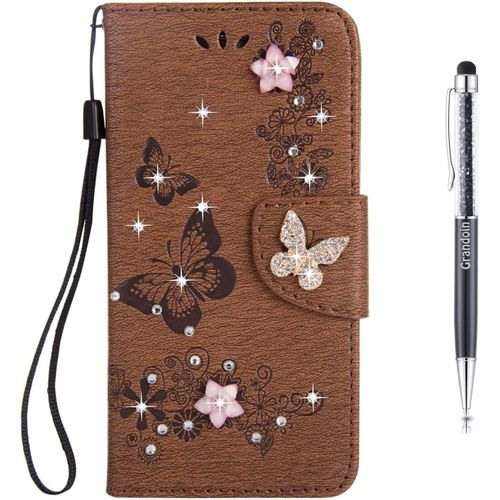 Coque Pour Samsung Galaxy S20 Ultra, Brillant Cristal Diamant Flip Cover ¿¿Tui De Protection Housse En Pu Cuir [Fente De Carte] [Fermeture Magn¿¿Tique] (Marron)