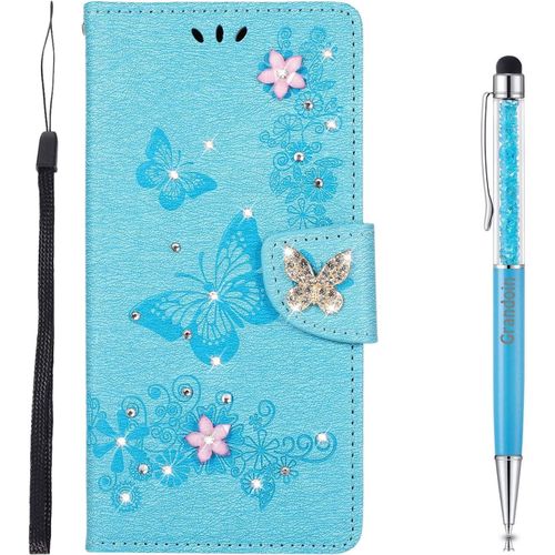 Coque Pour Samsung Galaxy A41, Brillant Cristal Diamant Flip Cover Papillon ¿¿Tui De Protection Housse En Pu Cuir [Fente De Carte] [Fermeture Magn¿¿Tique] (Bleu)