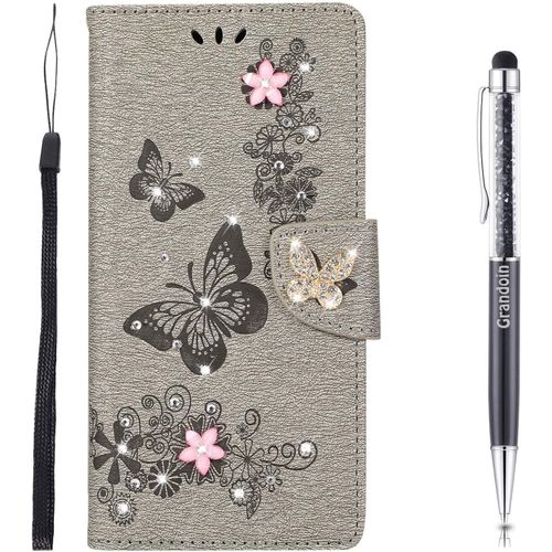 Coque Pour Samsung Galaxy A41, Brillant Cristal Diamant Flip Cover Papillon ¿¿Tui De Protection Housse En Pu Cuir [Fente De Carte] [Fermeture Magn¿¿Tique] (Gris)