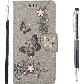Coque Pour Samsung Galaxy A71 5g, Brillant Cristal Diamant Flip Cover Papillon ¿¿Tui De Protection Housse En Pu Cuir [Fente De Carte] [Fermeture Magn¿¿Tique] (Gris)