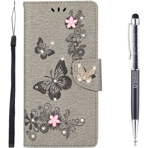 Coque Pour Samsung Galaxy S21 Plus 5g / 4g, Brillant Cristal Diamant Flip Cover Papillon ¿¿Tui De Protection Housse En Pu Cuir [Fente De Carte] [Fermeture Magn¿¿Tique] (Gris)