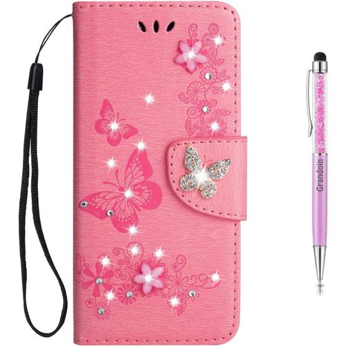 Coque Pour Samsung Galaxy S9 Plus, Brillant Cristal Diamant Flip Cover Papillon ¿¿Tui De Protection Housse En Pu Cuir [Magn¿¿Tique] (Rose)