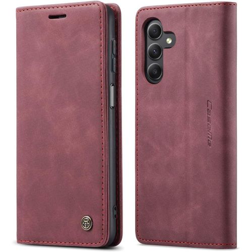 Coque Compatible Avec Samsung Galaxy A24 4g,Anti-Choc Housse En Cuir Premium Flip Case Portefeuille Etui,Vin Rouge
