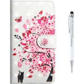 Coque Pour Samsung Galaxy A22 4g, 3d Tui Samsung A22 4g, Bookstyle Flip Cover Tui De Protection Housse En Pu Cuir Avec Tpu Silicone [Fente De Carte] [Magntique] (Arbre Rose)