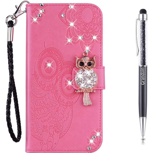 Coque Pour Samsung Galaxy S20, [Srie Hibou] Brillant Cristal Diamant Flip Cover Tui De Protection Housse En Pu Cuir [Fente De Carte] [Fermeture Magntique] (Rose)