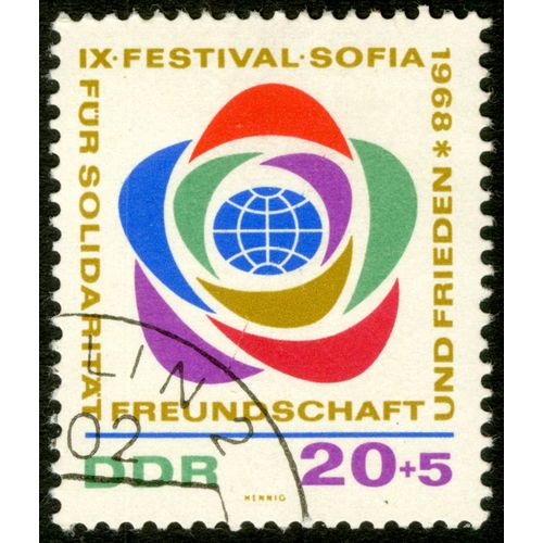 Timbre Oblitéré Ddr, Ix Festival Sofia Für Solidarität Freundschaft Und Frieden 1968, 20+5
