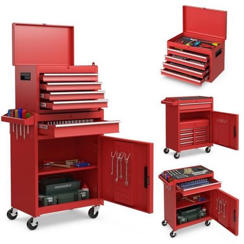 COSTWAY Servante Caisse à Outils 4 Tiroirs Compartiment Amovible Etagère Réglable Planche à Outils Roues Verrouillables Rouge