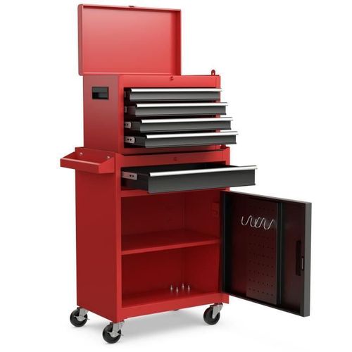COSTWAY Servante Caisse à Outils 4 Tiroirs Compartiment Amovible Etagère Réglable Planche à Outils Roues Verrouillable Noir+Rouge