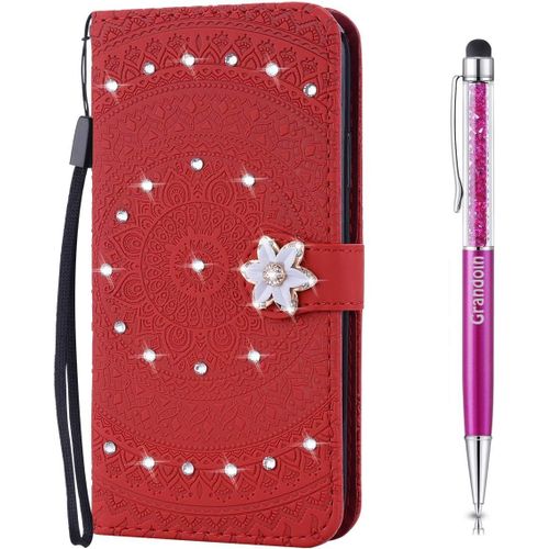 Coque Pour Samsung Galaxy J6 2018, [Srie Mandala] Brillant Cristal Diamant Bookstyle Flip Cover Tui De Protection Housse En Pu Cuir Avec Tpu Silicone Souple Phone Case (Rouge)