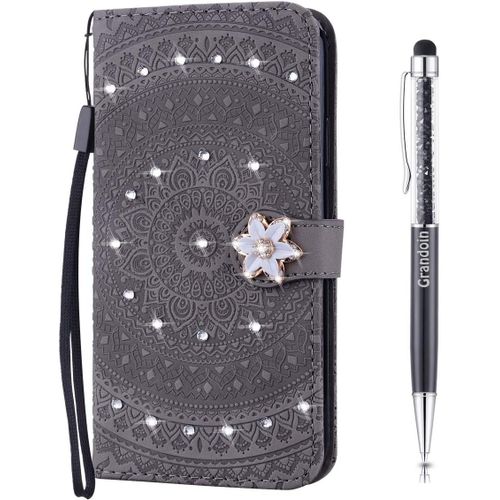 Coque Pour Samsung Galaxy S10, [Srie Mandala] Brillant Cristal Diamant Bookstyle Flip Cover Tui De Protection Housse En Pu Cuir Avec Tpu Silicone Souple Phone Case (Gris)