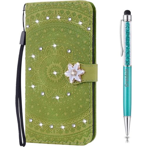 Coque Pour Samsung Galaxy J4 Plus 2018, [Srie Mandala] Brillant Cristal Diamant Bookstyle Flip Cover Tui De Protection Housse En Pu Cuir Avec Tpu Silicone Souple Phone Case (Vert)