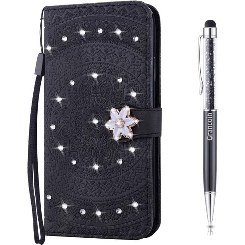 Coque Pour Samsung Galaxy Note 9, [Srie Mandala] Brillant Cristal Diamant Bookstyle Flip Cover Tui De Protection Housse En Pu Cuir Avec Tpu Silicone Souple Phone Case (Noir)