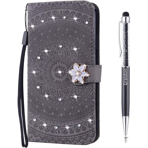 Coque Pour Samsung Galaxy A50, [Srie Mandala] Brillant Cristal Diamant Bookstyle Flip Cover Tui De Protection Housse En Pu Cuir Avec Tpu Silicone Souple Phone Case (Gris)