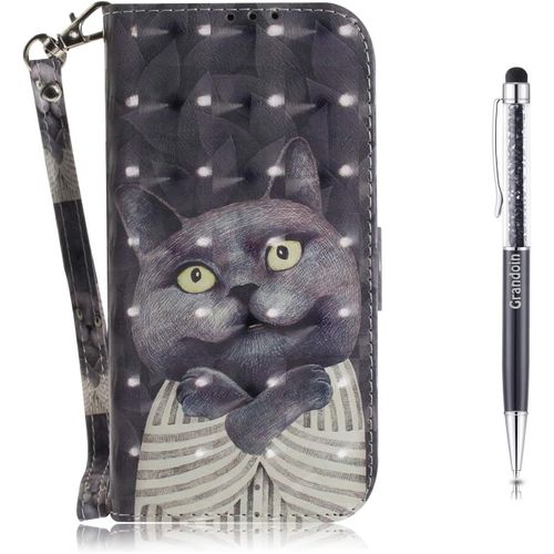 Coque?Pour Samsung Galaxy A41,?[Peinture?3d]?Pu?Etui?Housse?En?Cuir?Portefeuille?De?Protection?Avec?[Emplacements?Cartes]?[Fonction?Support]?[Fermeture?Magntique]?Flip?Case (Chat Gris)