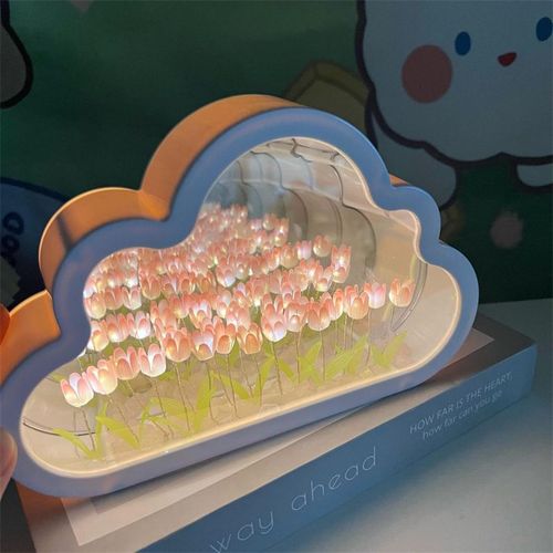 Lampe Tulipe Miroir Nuage Bricolage,Lampes De Table De Chambre À Coucher,Veilleuse Tulipes,Fleurs Simulées,Cadeaux D'anniversaire Faits À La Main,Décoration D'intérieur - Type 20 Flowers Pink