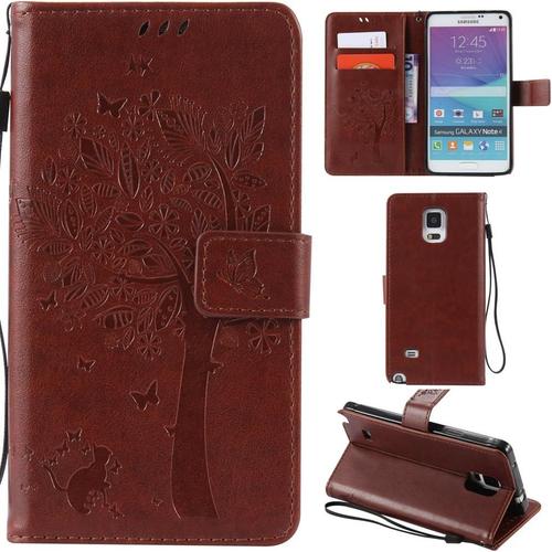 Samsung Galaxy Note 4 Coque Motif Arbre Chat Pu Cuir Flip Housse Étui Cover Case Wallet Portefeuille Support Avec Porte-Cartes Pour Samsung Galaxy Note 4 - Café