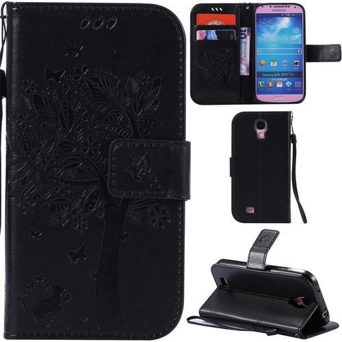 Samsung Galaxy S4 Coque Motif Arbre Chat Pu Cuir Flip Housse Étui Cover Case Wallet Portefeuille Support Avec Porte-Cartes Pour Samsung Galaxy S4 - Noir