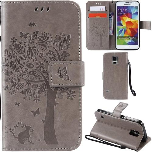 Samsung Galaxy S5 Coque Motif Arbre Chat Pu Cuir Flip Housse Étui Cover Case Wallet Portefeuille Support Avec Porte-Cartes Pour Samsung Galaxy S5 - Gris