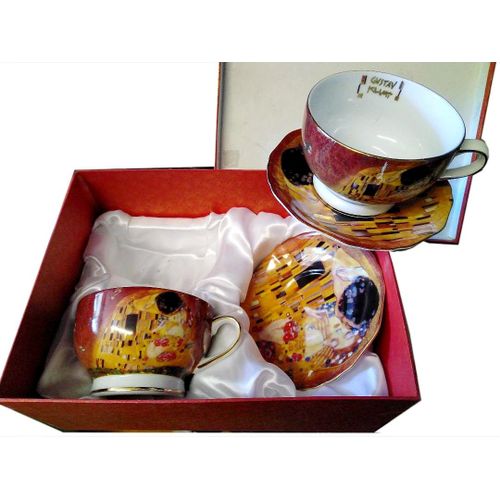 Coffret Service À Thé 2 Tasses / Mug + 2 Soucoupes - Porcelaine - "Le Baiser" De Gustave Klimt