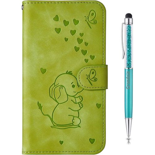 Coque Pour Samsung Galaxy A40, [Gaufrage De L'lphant] Bookstyle Flip Cover Tui De Protection Housse En Pu Cuir Avec Tpu Silicone Souple Phone Case(Vert)