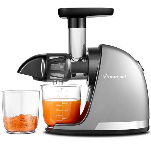 Extracteur Jus Amzchef- Extracteur de Jus de Fruits et Légumes - Presse-agrumes à Froid sans BPA avec 2 Tasses et Brosse - Fonction de Mastication Inversée pour Éviter les Blocages [Classe énergétique A+++]