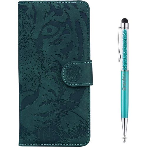 Coque Pour Galaxy S20, [Gaufrage De Tigre] Bookstyle Flip Cover Tui De Protection Housse En Pu Cuir Avec Tpu Silicone Souple Antichoc Phone Case Pour Samsung Galaxy S20(Vert)