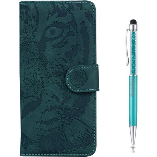 Coque Pour Galaxy M31, [Gaufrage De Tigre] Bookstyle Flip Cover Tui De Protection Housse En Pu Cuir Avec Tpu Silicone Souple Antichoc Phone Case Pour Samsung Galaxy M31(Vert)