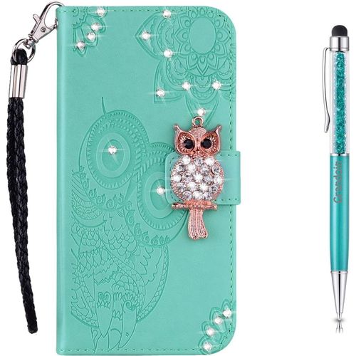 Coque Pour Iphone 11 Pro Max (6,5 Pouces), [Srie Hibou] Brillant Cristal Diamant Flip Cover Tui De Protection Housse En Pu Cuir [Fente De Carte] [Fermeture Magntique] (Vert)
