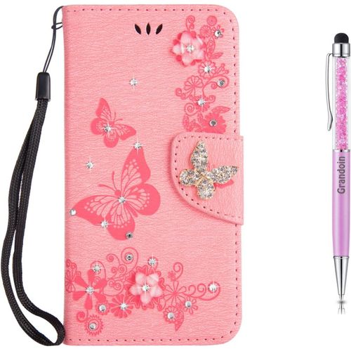 Coque Huawei P10, Imprimfleur Et Papillon Etui En Pu Cuir Housse Clapet Flip De Carte Slots Magntique Emplacements De Cartes Huawei P10 (Rose)