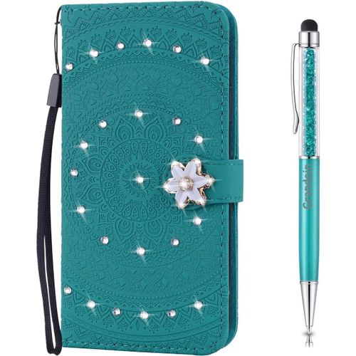 Coque Pour Nokia 2.1, [Srie Mandala] Brillant Cristal Diamant Bookstyle Flip Cover Tui De Protection Housse En Pu Cuir Avec Tpu Silicone Souple Phone Case (Cyan)