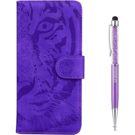 Coque Pour Redmi 9c, [Gaufrage De Tigre] Bookstyle Flip Cover Tui De Protection Housse En Pu Cuir Avec Tpu Silicone Souple Antichoc Phone Case Pour Xiaomi Redmi 9c(Violet)
