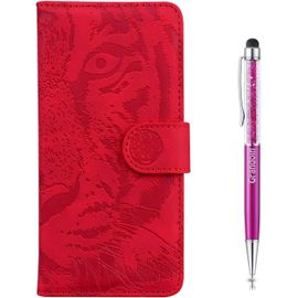 Coque Pour Redmi 8, [Gaufrage De Tigre] Bookstyle Flip Cover Tui De Protection Housse En Pu Cuir Avec Tpu Silicone Souple Antichoc Phone Case Pour Xiaomi Redmi 8(Rouge)