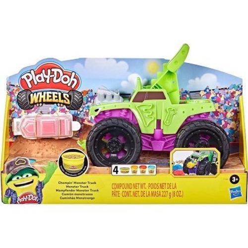 Coffret Monster Truck Avec 4 Pots De Pate A Modeler Play-Doh - Set Camion Wheels Vert Et Violet Nouvelle Version + 1 Carte