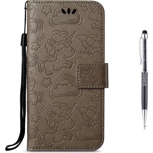 Coque Huawei Y7 Prime,Housse Tui En Licorne En Relief Pu Cuir Et Tpu Silicone Relief Souple Anti-Scratch Cas De Tlphone Peint Color Housse Fermeture Magntique Pour Huawei Y7 Prime (Gris)