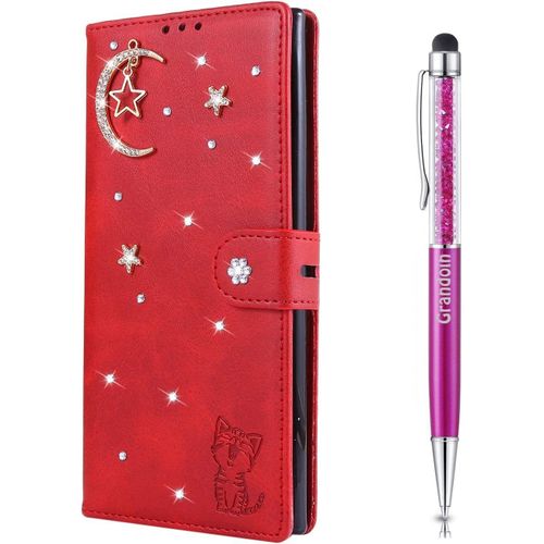 Coque Pour Samsung Galaxy S10e, [Srie Toile Et Chat] Brillant Cristal Diamant Bookstyle Flip Cover Tui De Protection Housse En Pu Cuir Avec Tpu Silicone Souple Phone Case (Rouge)