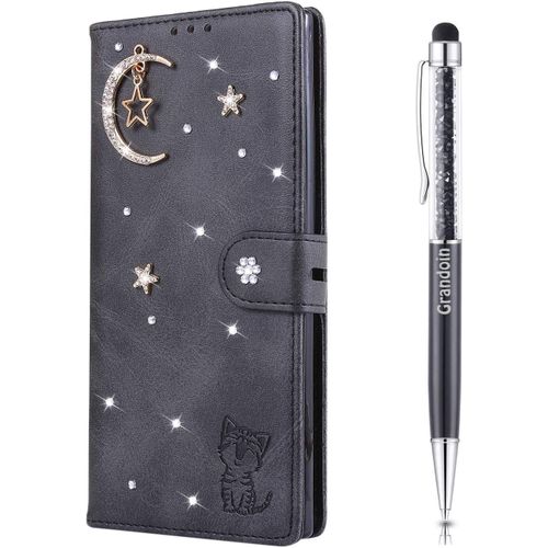 Coque Pour Samsung Galaxy S10e, [Srie Toile Et Chat] Brillant Cristal Diamant Bookstyle Flip Cover Tui De Protection Housse En Pu Cuir Avec Tpu Silicone Souple Phone Case (Noir)