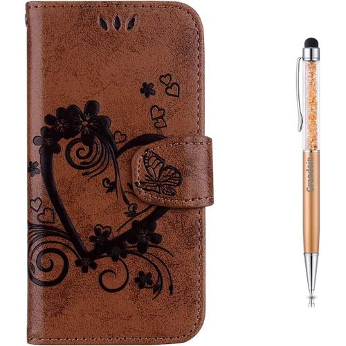 Coque Galaxy J4 2018, Tui De Protection Housse En Pu Cuir Avec C?Ur D'amour Imprim Portefeuille Case Cover Tui Rabat Fente De Carte Bookstyle Cover Pour Samsung Galaxy J4 2018 (Marron)