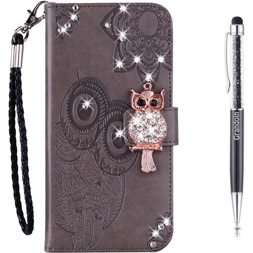 Coque Pour Huawei P Smart Z / Y9 Prime 2019, [Srie Hibou] Brillant Cristal Diamant Flip Cover Tui De Protection Housse En Pu Cuir [Fente De Carte] [Fermeture Magntique] (Gris)