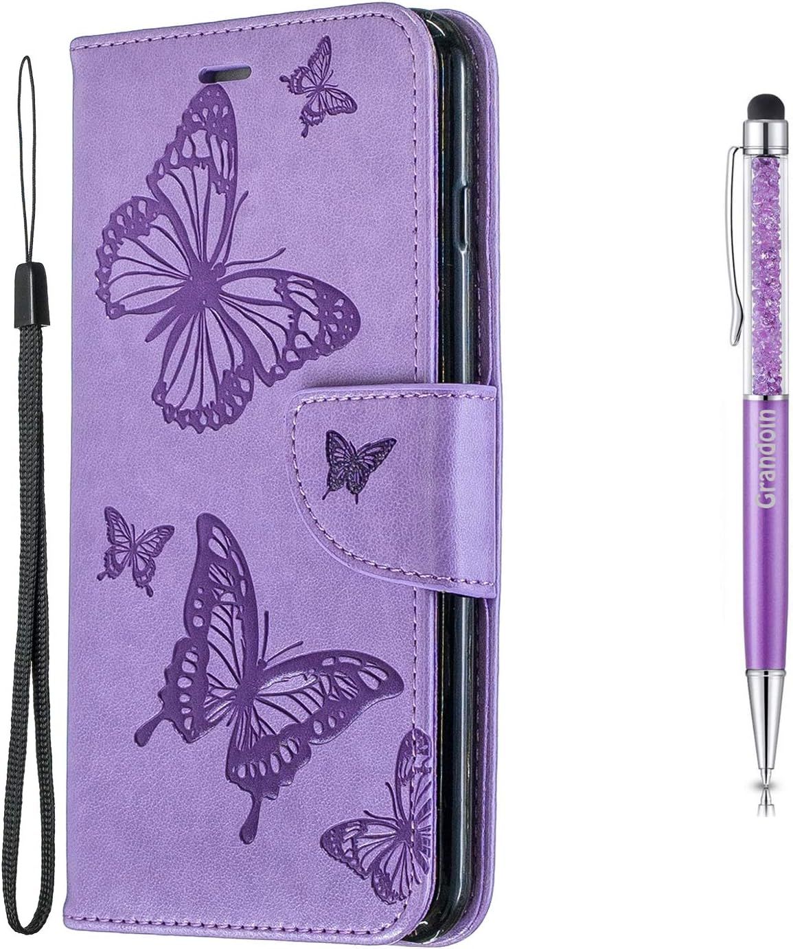Coque Pour Redmi 7, Tui De Protection Housse En Pu Cuir Avec Papillon Imprim Case Cover Tui Rabat Fente De Carte Bookstyle Cover Pour Xiaomi Redmi 7 - Pourpre