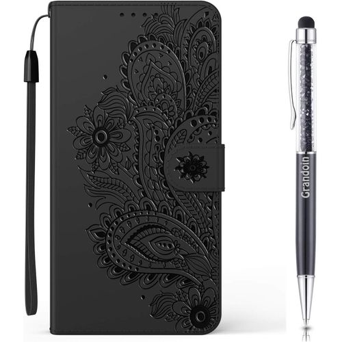 Coque Pour Xiaomi Redmi Note 9 Pro 5g / Mi 10t Lite 5g, [Gaufrage Paon] Bookstyle Flip Cover Tui De Protection Antichoc Housse En Pu Cuir Avec Tpu Silicone Souple Phone Case (Noir)
