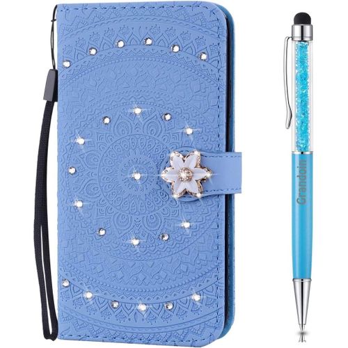 Coque Pour Huawei Honor 10 Lite, [Srie Mandala] Brillant Cristal Diamant Bookstyle Flip Cover Tui De Protection Housse En Pu Cuir Avec Tpu Silicone Souple Phone Case (Bleu)