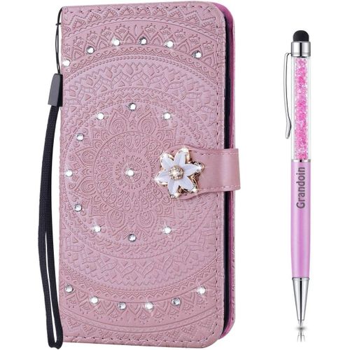 Coque Pour Huawei Y7 2019, [Srie Mandala] Brillant Cristal Diamant Bookstyle Flip Cover Tui De Protection Housse En Pu Cuir Avec Tpu Silicone Souple Phone Case (Rose)