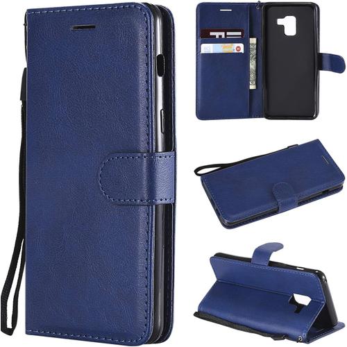 Étui Portefeuille À Rabat Pour Samsung Galaxy A8 2018,Coque Premium En Cuir Housse Avec Porte-Carte, Rétro Style Livre Support Couverture Avec Fermeture Magnétique Dragonne-Bleu