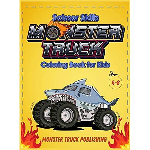 Monster Trucks Scissors Skills Coloring Book For Kids 4-8