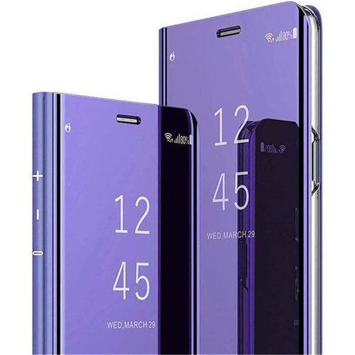 Etui Coque Samsung Galaxy A71 Flip Case Placage Miroir Cover Smart Clear View Stand Support Ultra Mince Housse Antichoc Protection Cuir Premium Flip Folio Cover Etui Violet