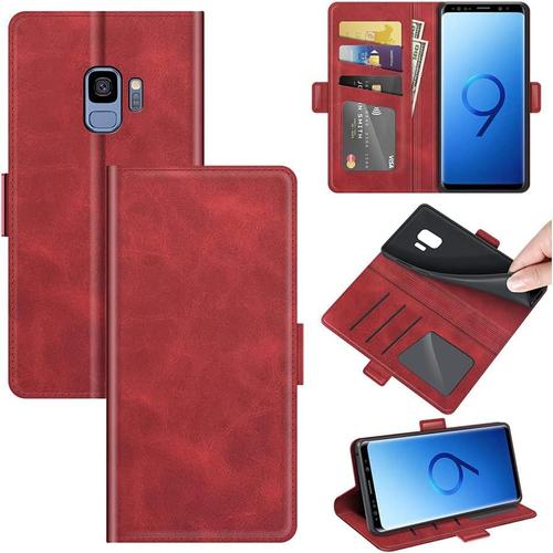 Coque Compatible Pour Samsung Galaxy S9 Coque Cuir Etui Mince Cover Antichoc Housse Pochette Fonction Stand Portefeuille Etui Antipoussière Case-Rouge