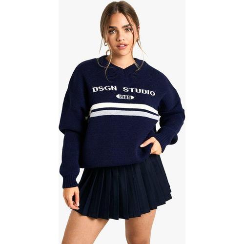 Pull En Maille À Col V - Bleu Foncè - L