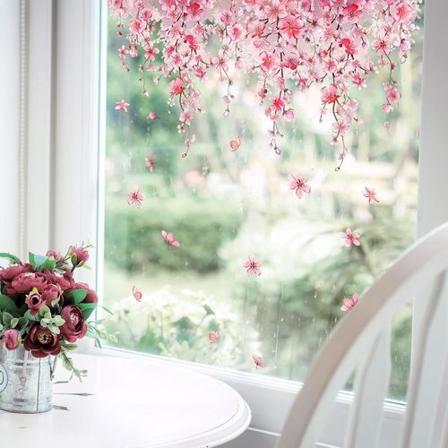 Stickers Fenetre Fleur Cerisier Autocollant Fenetre Fleurs Suspendues Rose Printemps Appliques Sticker Fenetre s de Porte Vitre Fenêtre en Verre Antistatique Double Face